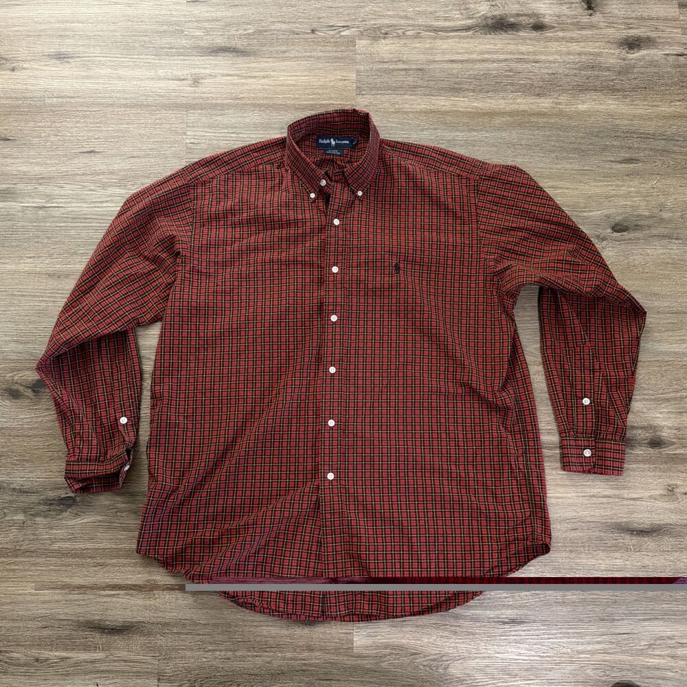 Ralph Lauren 90s Blake Men's L Red Plaid Woven Cotton Long Sleeve Button-Up